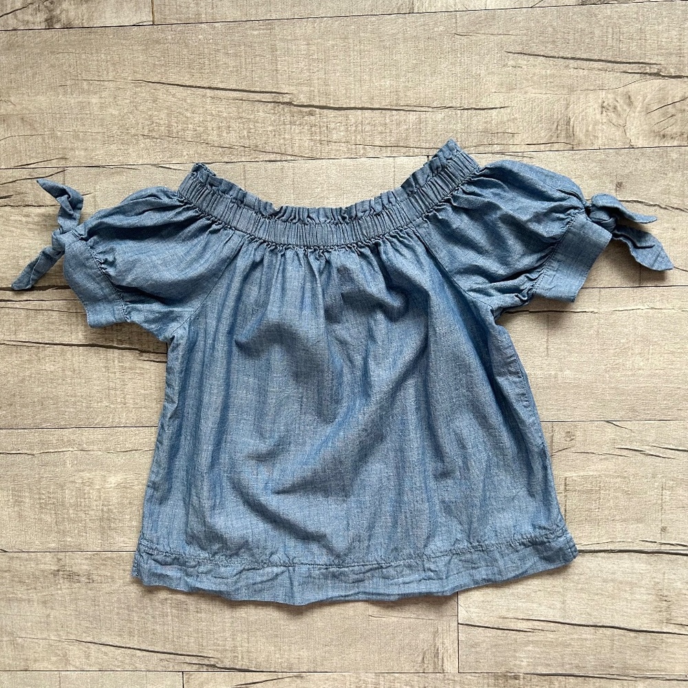 J. Crew Chambray Denim Off the Shoulder Tie Shoulder Lightweight Blouse Size 4